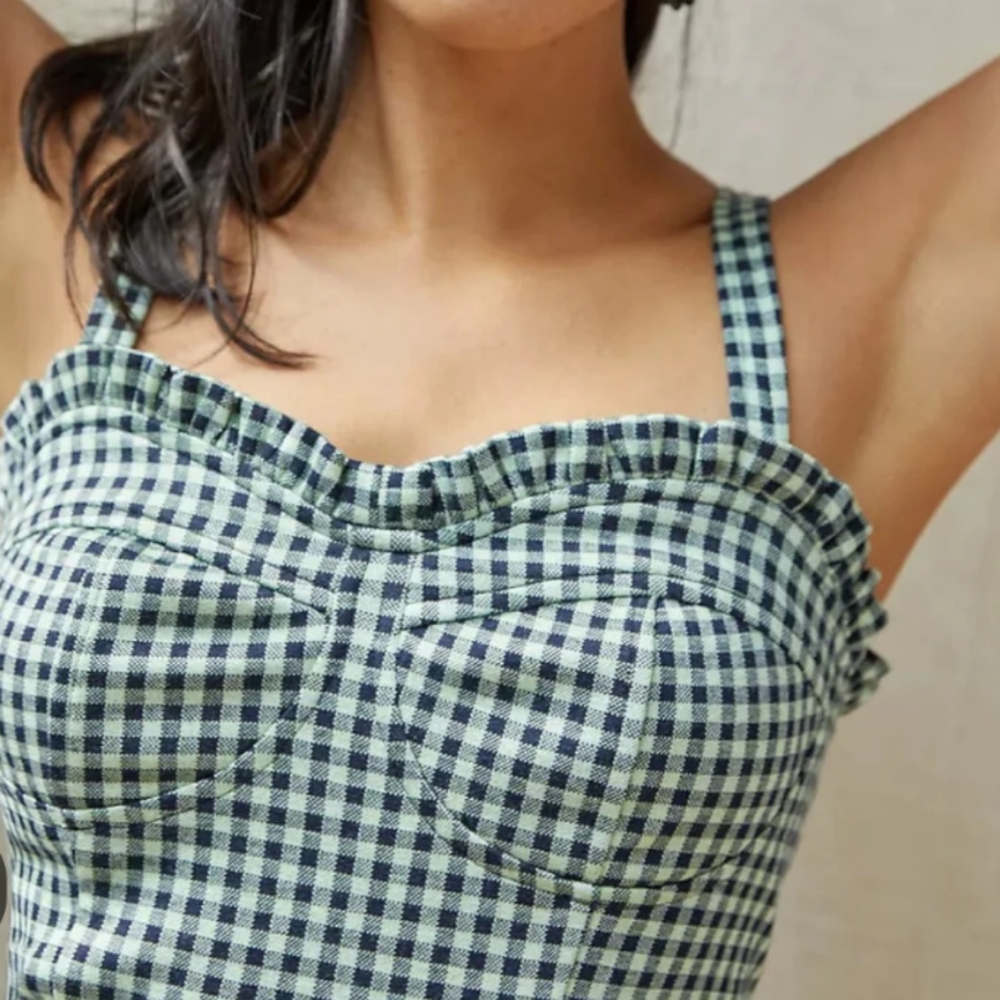 Eva Franco Anthropology green blue gingham sweetheart tank top XS